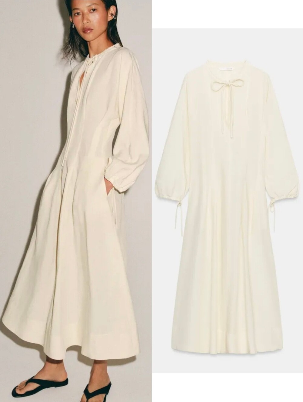 NWT ZARA COLLECTION Cream Fitted Waist Peasant Linen Blend Midi Dress